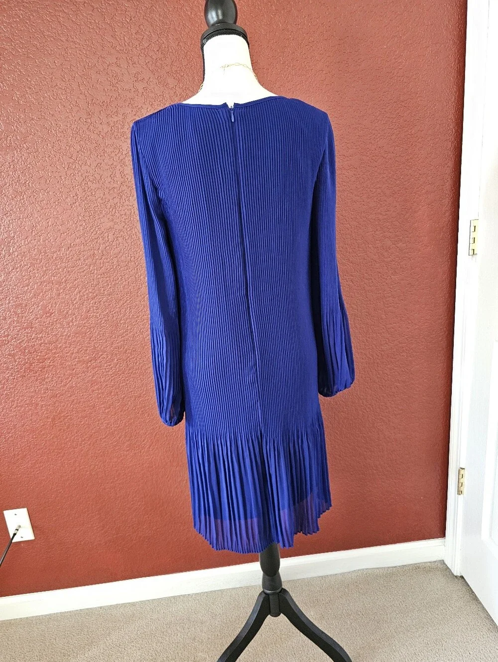 DKNY Cobalt Blue Pleated Long-Sleeve Shift Dress - Picture 6 of 11